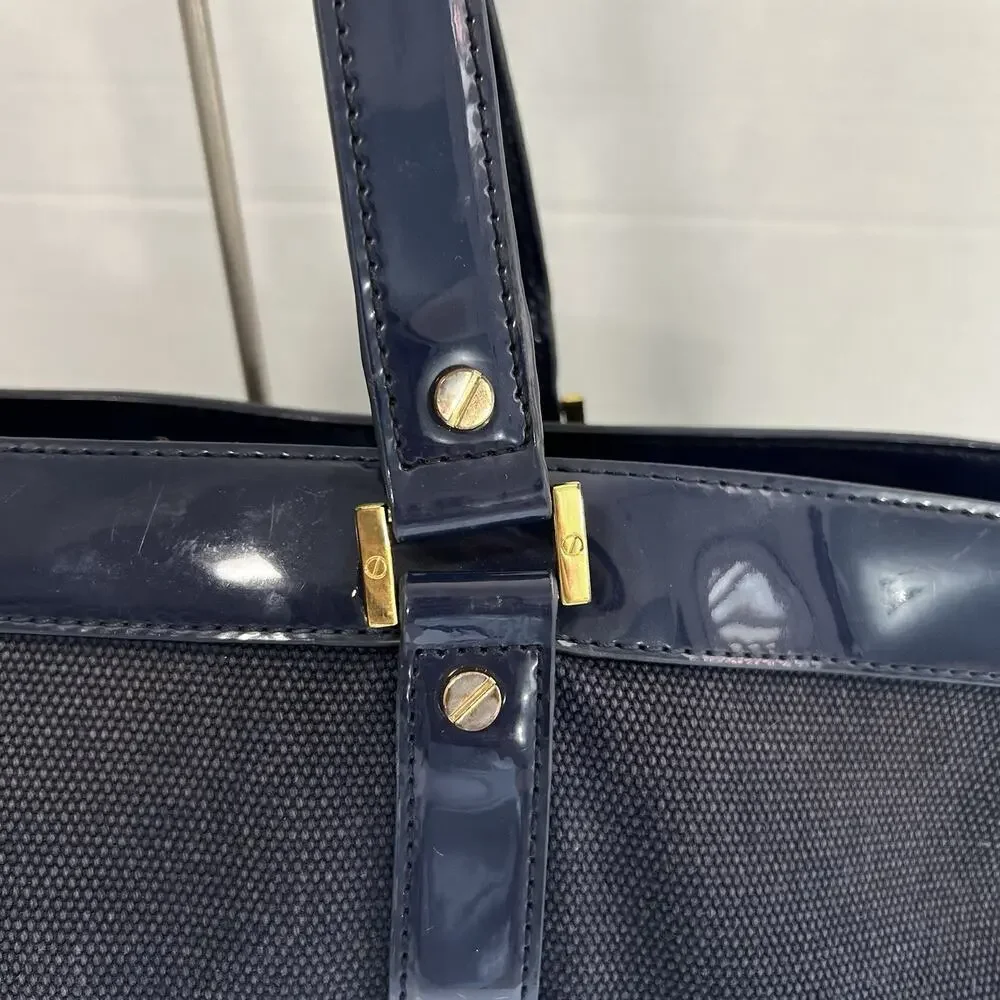 Tory Burch Canvas Jane Tote Shoulder Bag Beach Navy Blue Double Straps Travel